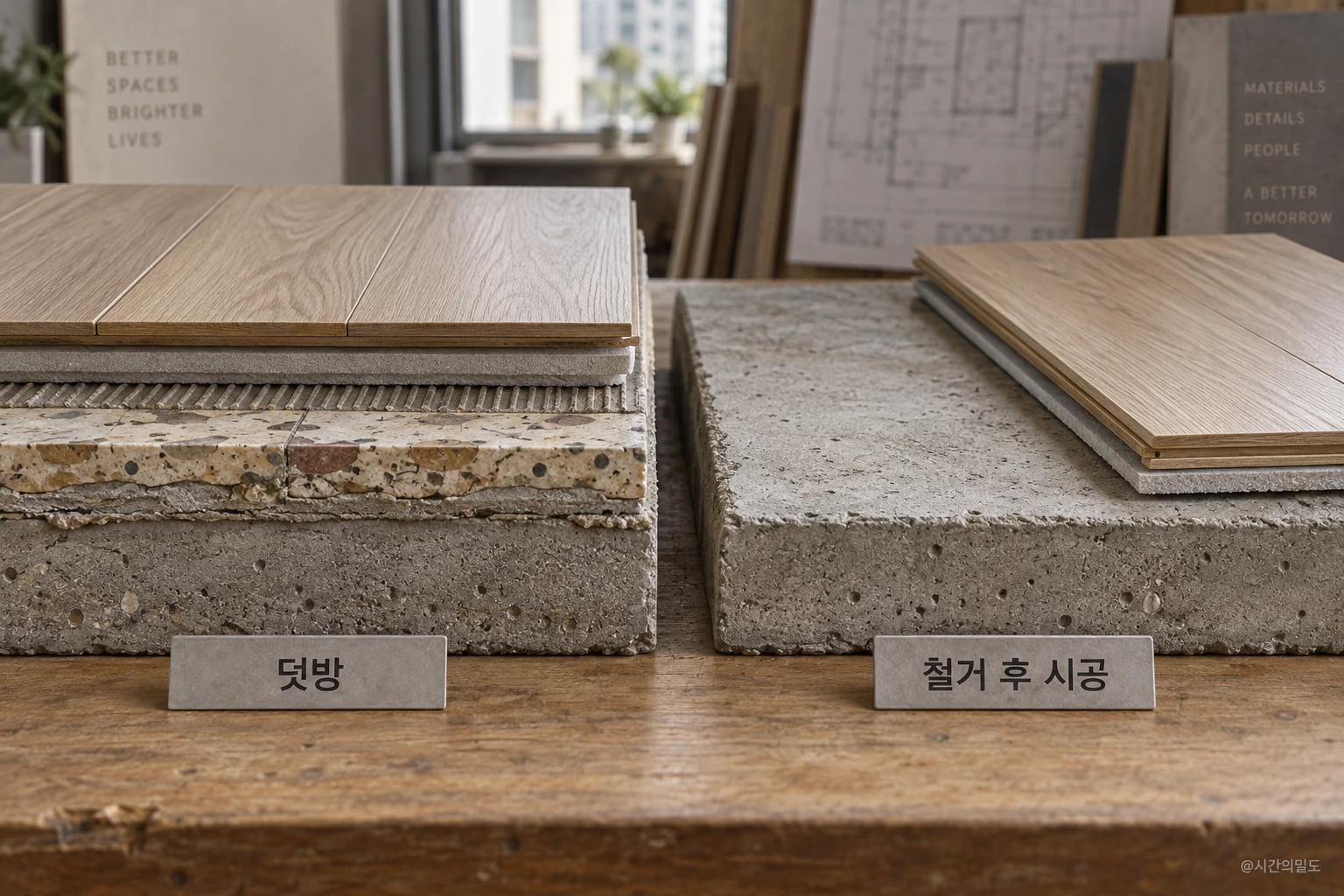 기존 마감을 남기는 경우와 철거한 뒤 시공하는 경우를 비교한 바닥 모형