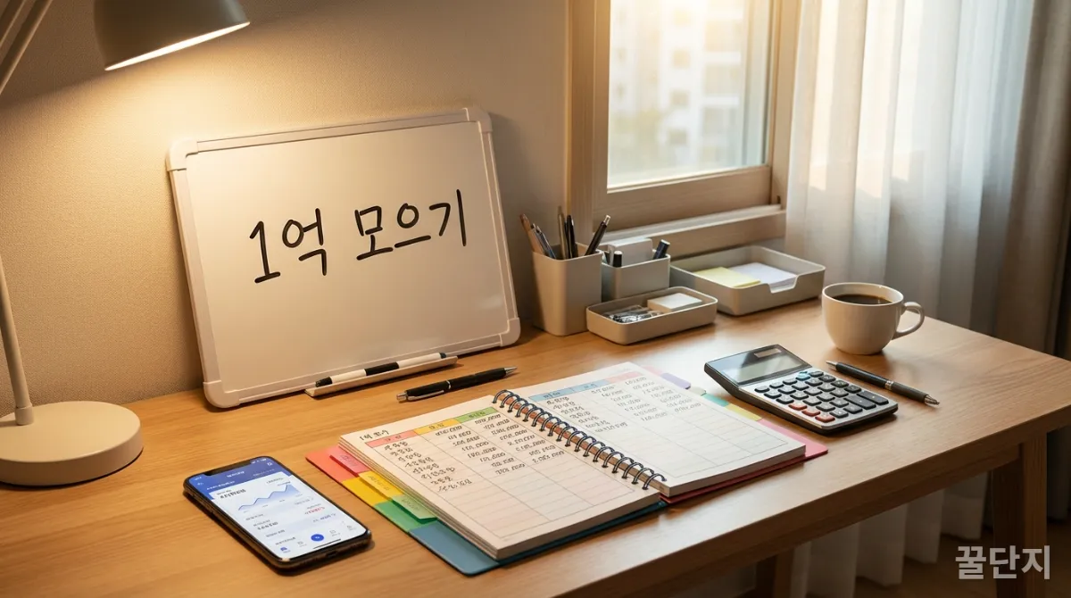 1억 모으기 목표와 함께 정리된 한국 사회초년생의 재무 계획 책상