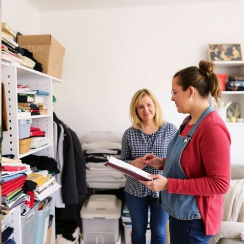 주변환경정리전문가가 고객과 의논하여 실내정돈을 하고 있다