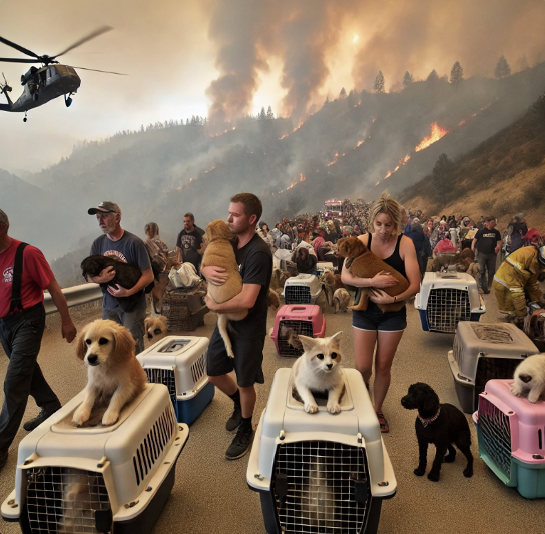 반려동물과 산불 대피하는 모습