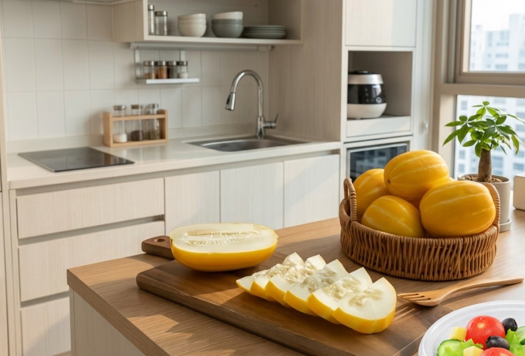 주방에서 자른 참외와 바구니에 담긴 참외를 보여주는 이미지