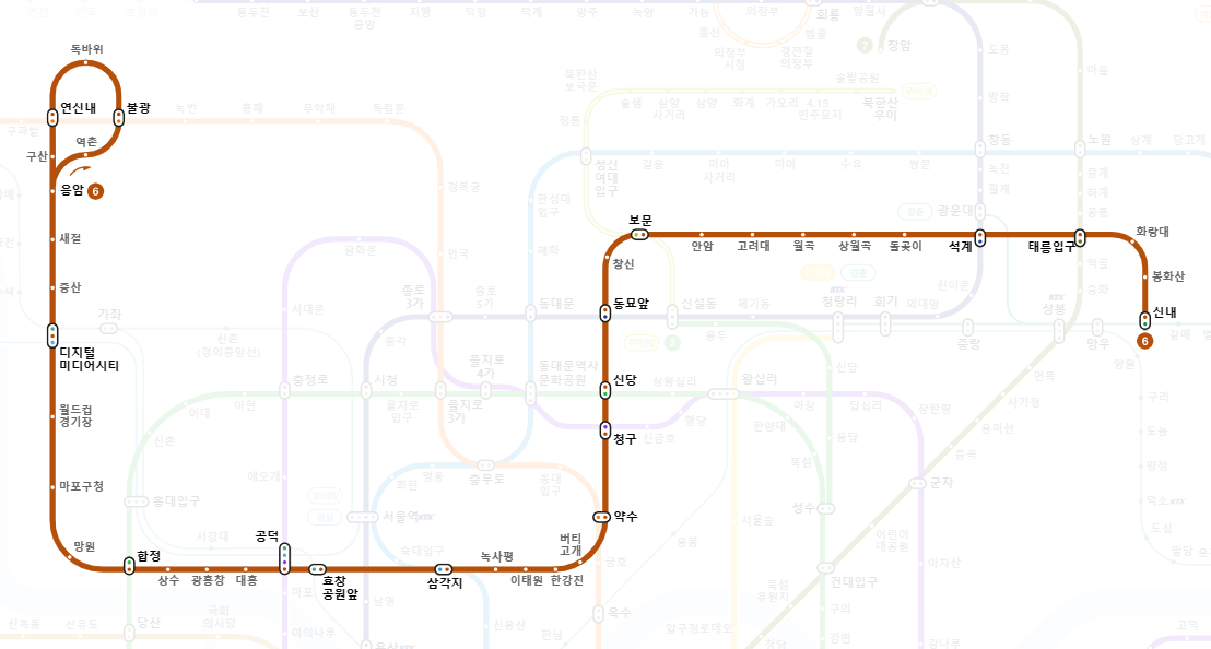 수도권지하철 6호선 노선도, 망원, 공덕, 안암 첫차 막차시간 알아보기