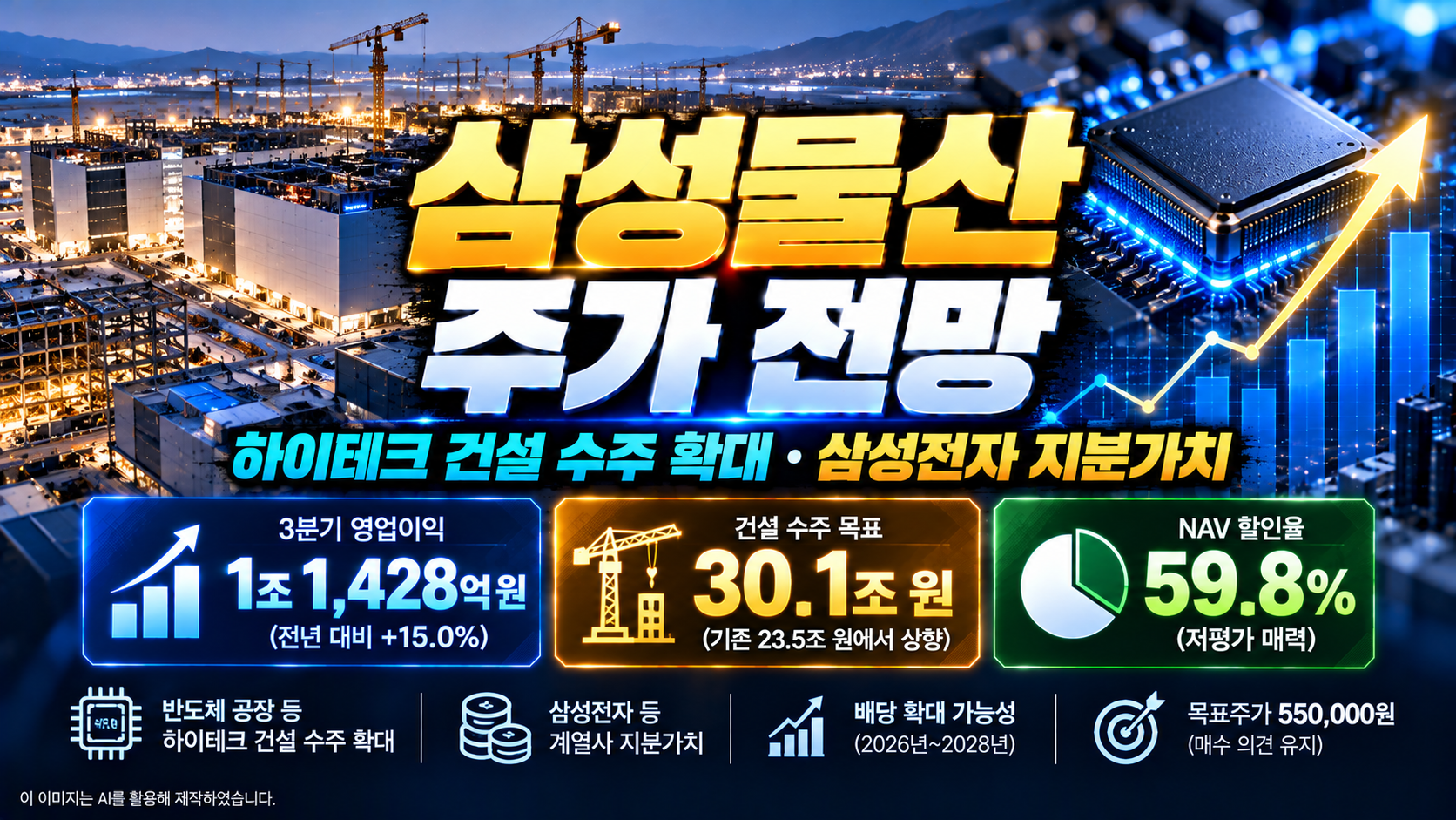 삼성물산(028260) 주가 전망 및 기업분석, 2026년 3분기 영업이익 1조 1,428억 원, SK증권 목표주가 550,000원 유지, 하이테크 건설 수주 목표 30.1조 원과 NAV 할인율 59.8%, 삼성전자 지분가치 및 배당 확대 전망