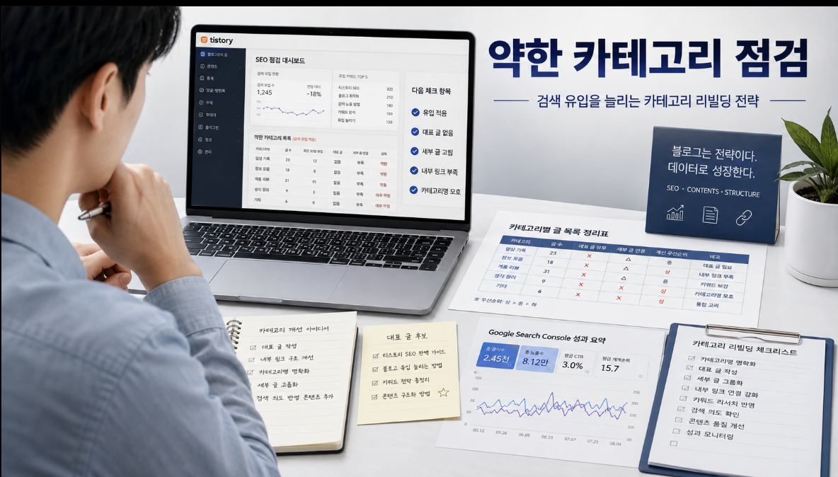 티스토리 블로거가 검색 유입이 적은 카테고리에서 대표 글 부재 세부 글 고립 내부 링크 부족 문제를 점검하는 이미지