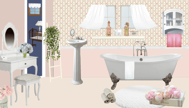 예쁜 욕실 풍경으로 하얀 욕조가 있고 연분홍빛 벽지에 작은 거울과 꽃이 있는 선반이 있다.