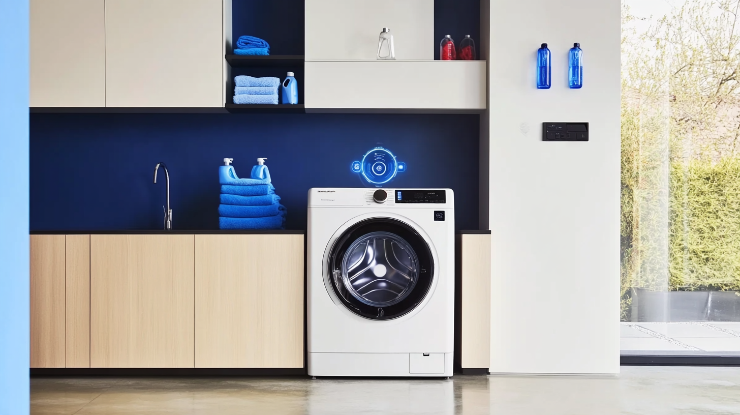 AI 기반 기능과 스팀 살균 기능을 갖춘 현대적인 세탁실의 하이테크 세탁기