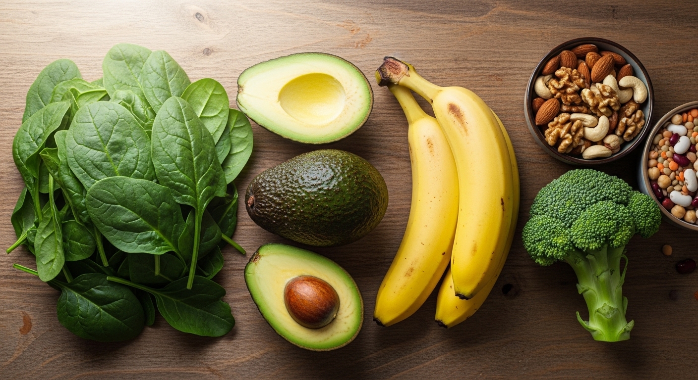 나무-테이블-위에-깔끔하게-정돈된-시금치,-아보카도,-바나나,-견과류,-브로콜리,-콩류를-위에서-내려다본-모습입니다.