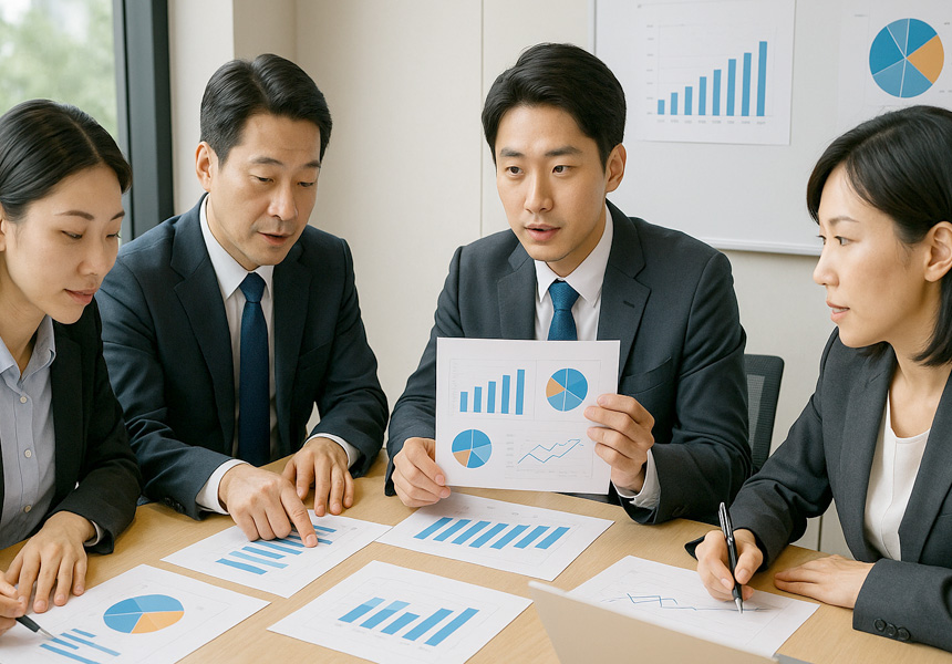 한국 기업들이 관세 충격에 대응하기 위해 전략 회의를 하는 모습