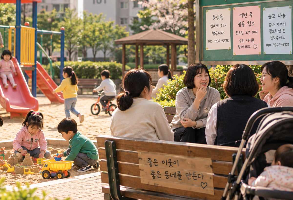 여러 주민과 아이들이 모여 있는 아파트 놀이터의 활기찬 모습
