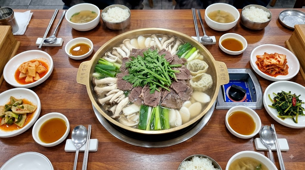나무 테이블 중앙에 '어복쟁반'이라는 글자가 새겨진 놋전골냄비가 놓여 있습니다. 냄비 한가운데에는 얇게 썬 삶은 소고기 편육과 신선한 쑥갓이 올라가 있고, 그 둘레로 느타리버섯, 만두, 떡국떡, 대파가 깔끔하게 둘러져 있습니다. 전골 주변으로는 인원수에 맞게 공깃밥, 장국, 간장 양념장, 수저 세트가 배치되어 있으며, 깍두기, 배추김치, 오이무침, 나물 등의 밑반찬이 함께 차려져 있습니다.