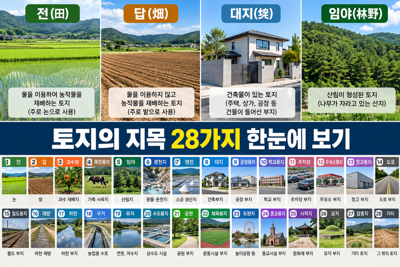 토지의 지목 28가지 총정리! 전·답·대지·임야의 차이와 지목변경 방법