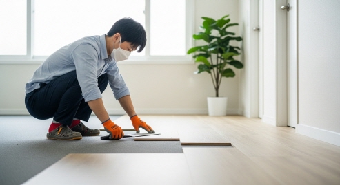 장판 교체 작업하는 모습