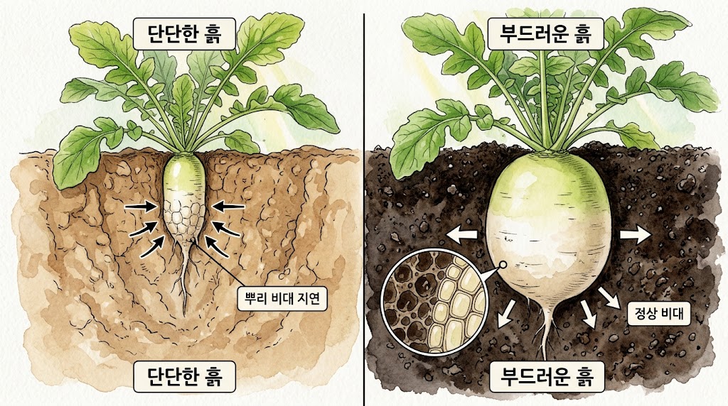 단단한 흙과 부드러운 흙에서 무 뿌리가 내려가는 차이를 보여주는 인포그래픽
