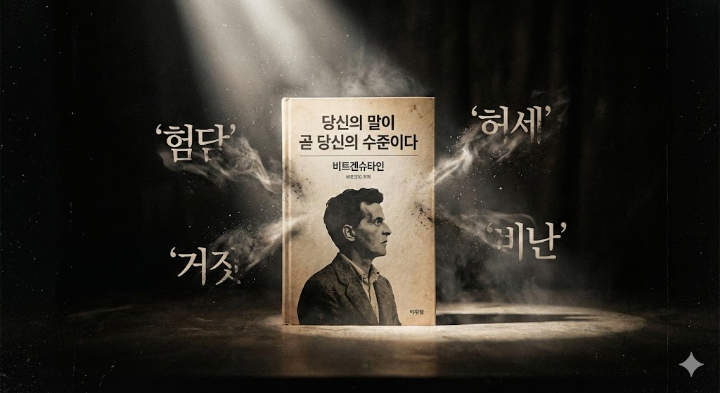 어두운 배경에 스포트라이트를 받는 책 표지. '험담', '거짓', '허세' 같은 글자가 흐릿하게 지워지는 연출