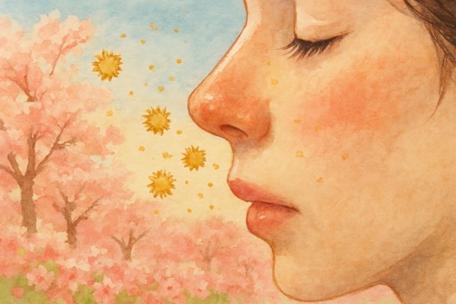 벚꽃놀이에 간 젊은 여성이 꽃가루에 노출되어 있는 장면
