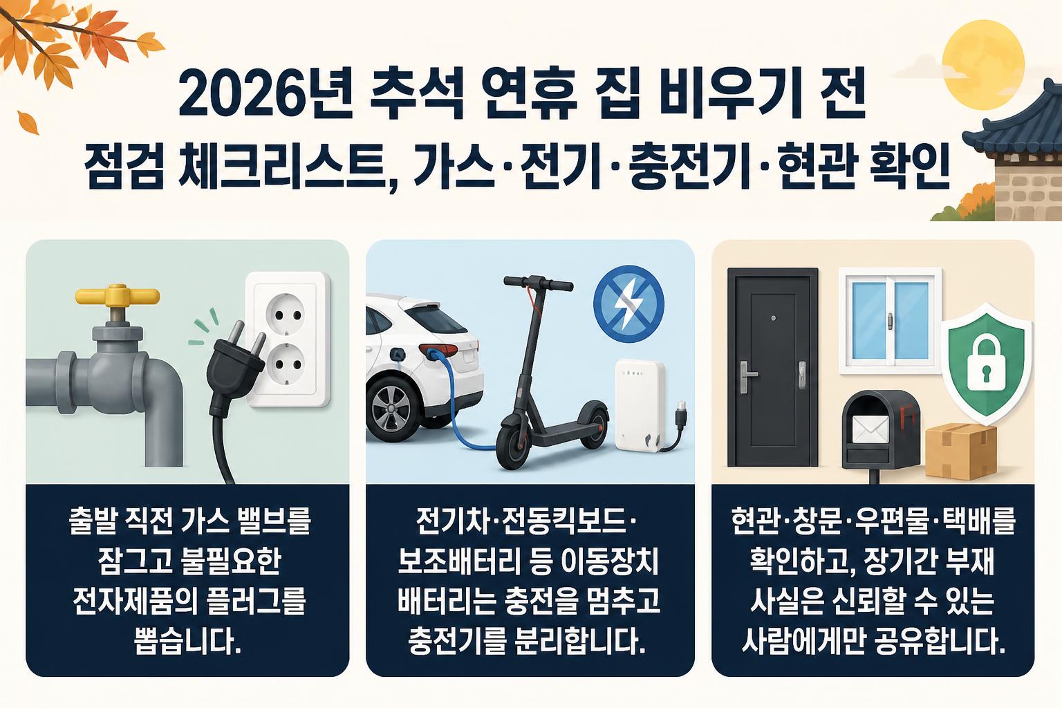 2026년 추석 연휴 집 비우기 전 점검 체크리스트, 가스·전기·충전기·현관 확인 핵심 요약 대표 이미지