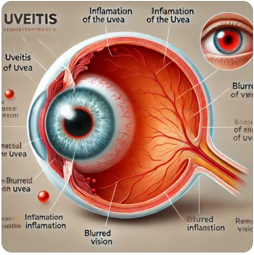 포도막염의 해부학적 위치와 증상 표현 다이어그램