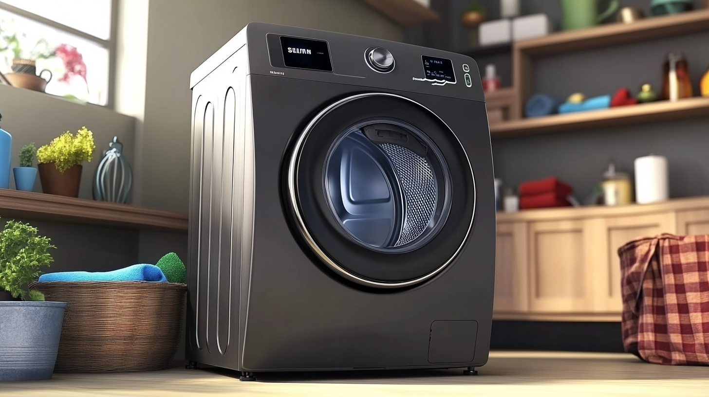 최신 기술을 자랑하는 삼성 세탁기 건조기 일체형이 현대적인 미니멀리스트 아파트에 설치된 모습. AI 기술을 기반으로 한 디스플레이 패널이 돋보이며, 기기의 공간 절약 및 효율성이 강조됨.