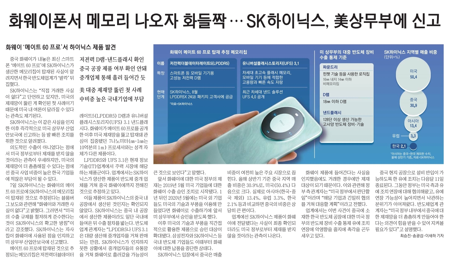 화웨이폰서 메모리 나오자 화들짝 SK하이닉스 미상무부에 신고