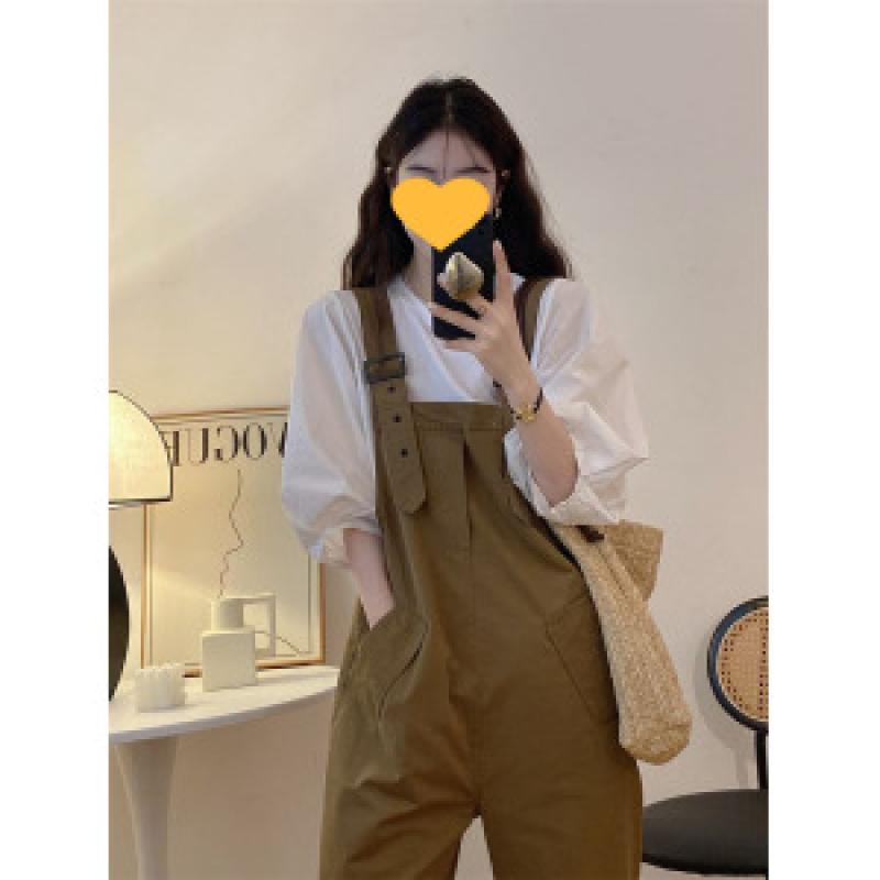 여자 귀여운 카키 점프슈트 멜빵바지 이너 코디 세트