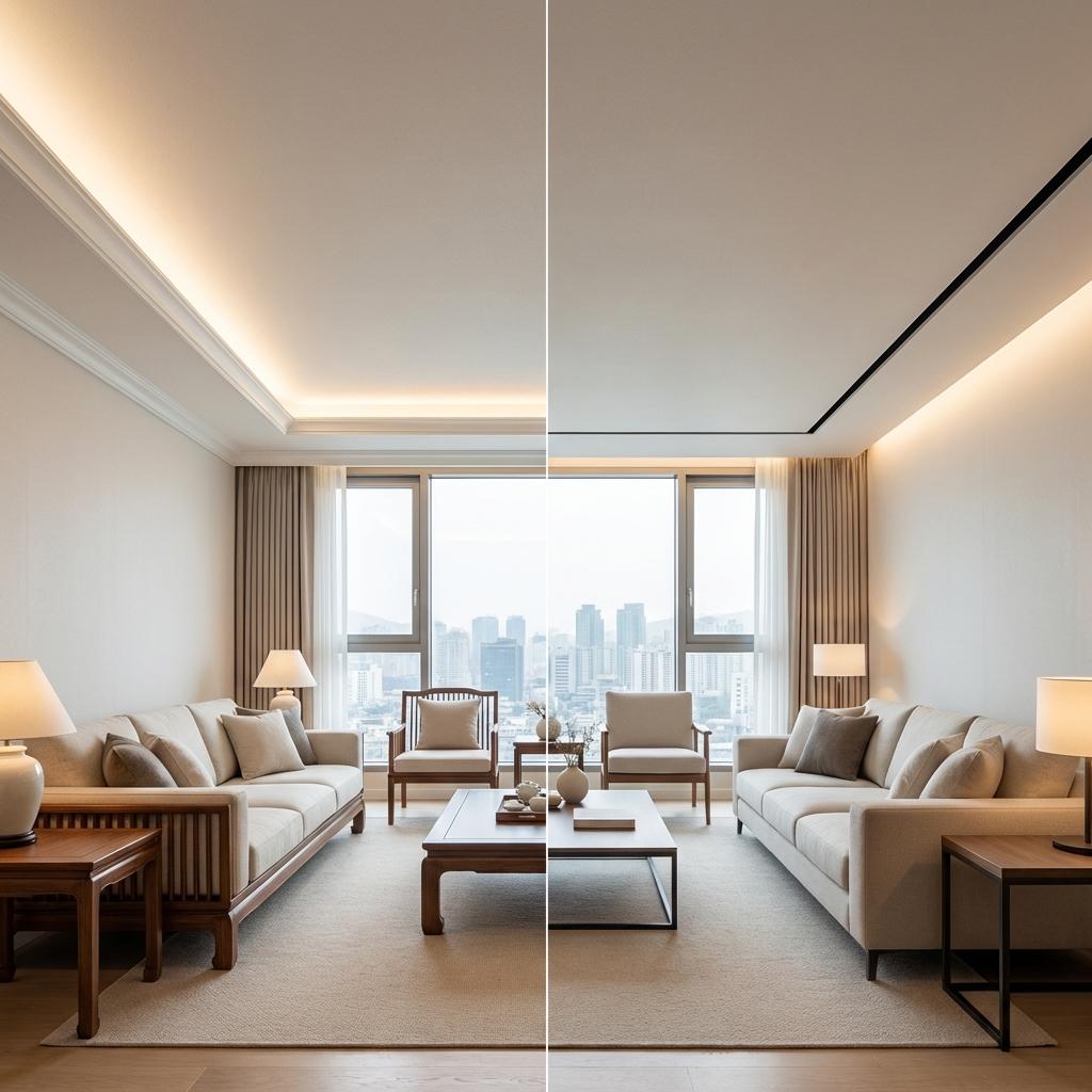 층고가 10cm는 높아 보이는 마이너스 몰딩의 시각적 확장 효과