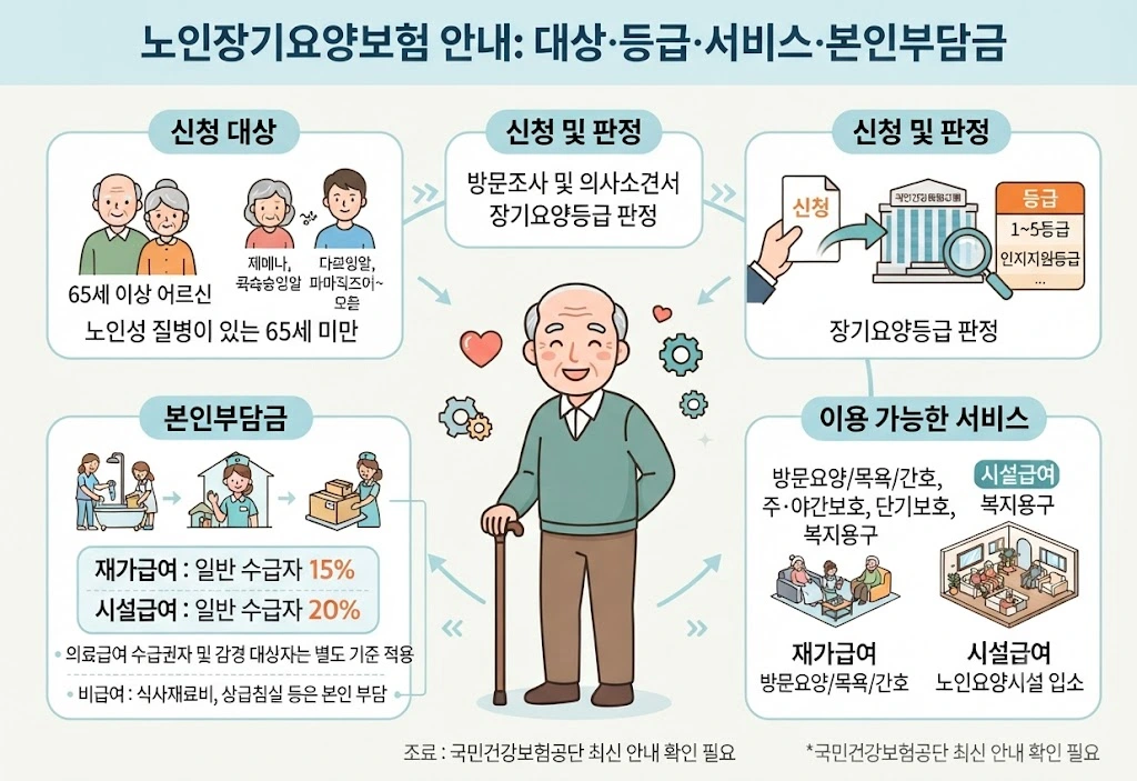 노인장기요양보험 신청 대상, 등급, 이용 가능한 서비스 및 본인부담금 요약 인포그래픽