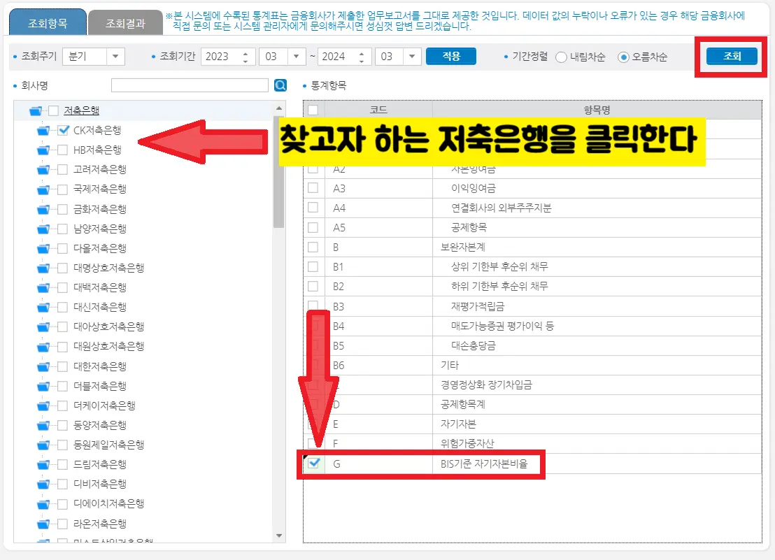 찾고 싶은 저축은행을 클릭하여 BIS기준 자기자본비율 검색