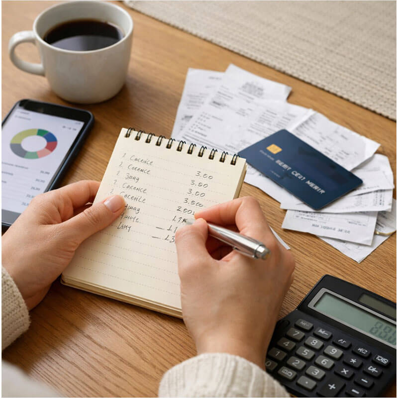 생활비 기준을 정리하며 월 지출 계획을 메모하는 일상적인 가계 관리 장면