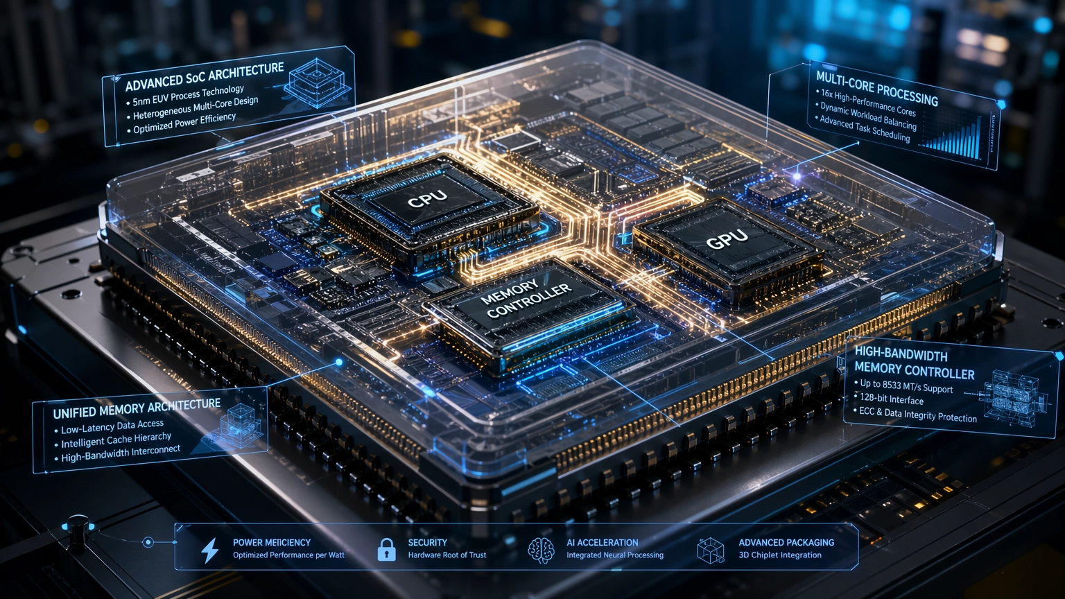 고사양 비메모리 반도체의 정수인 SoC(System on Chip)와 메모리 컨트롤러의 복잡한 구조와 고속 데이터 처리 기술을 시각화한 이미지입니다.
이미지 주요 특징:
첨단 SoC 아키텍처: CPU, GPU, 그리고 신경망 처리 장치(NPU) 등이 하나의 칩에 통합된 고밀도 설계를 투명한 패키지 구조를 통해 입체적으로 표현했습니다.
고성능 메모리 컨트롤러: 데이터 병목 현상을 해결하고 고대역폭 메모리(HBM)와 효율적으로 통신하는 메모리 컨트롤러 블록을 중심부에 배치하여 그 중요성을 강조했습니다.
초고속 데이터 흐름: 금색과 푸른색의 빛나는 회로 선로를 통해 칩 내부에서 이루어지는 방대한 양의 데이터 전송과 연산 과정을 역동적으로 묘사했습니다.
기술 지표 시각화: 디지털 오버레이를 통해 '5nm EUV 공정 기술', '지능형 캐시 계층 구조', '고대역폭 인터커넥트' 등 고사양 비메모리 제품의 핵심 성능 요소를 설명했습니다