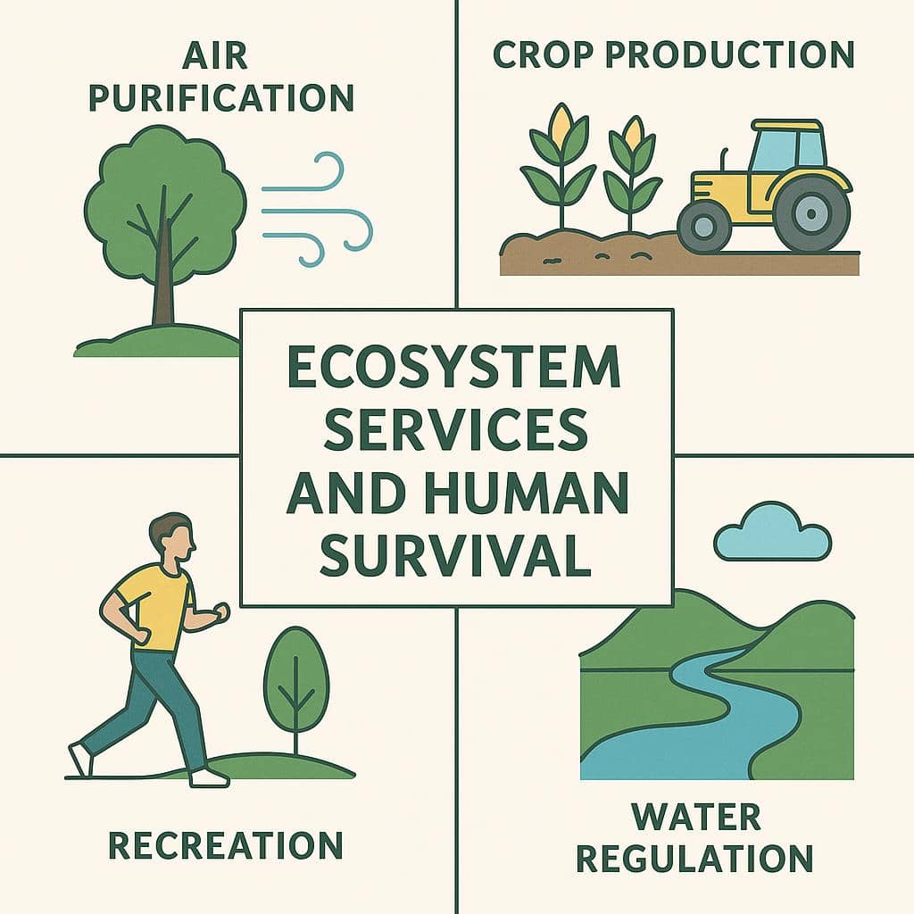 생태계 서비스의 네 가지 유형을 구분하여 표현한 평면 일러스트. 각 영역은 식량과 물(공급), 나무와 습지의 조절 기능(조절), 자연을 즐기는 사람들(문화), 수분 매개자와 토양(지지)을 상징적으로 묘사하며, 자연과 인간의 조화로운 관계를 담고 있다.