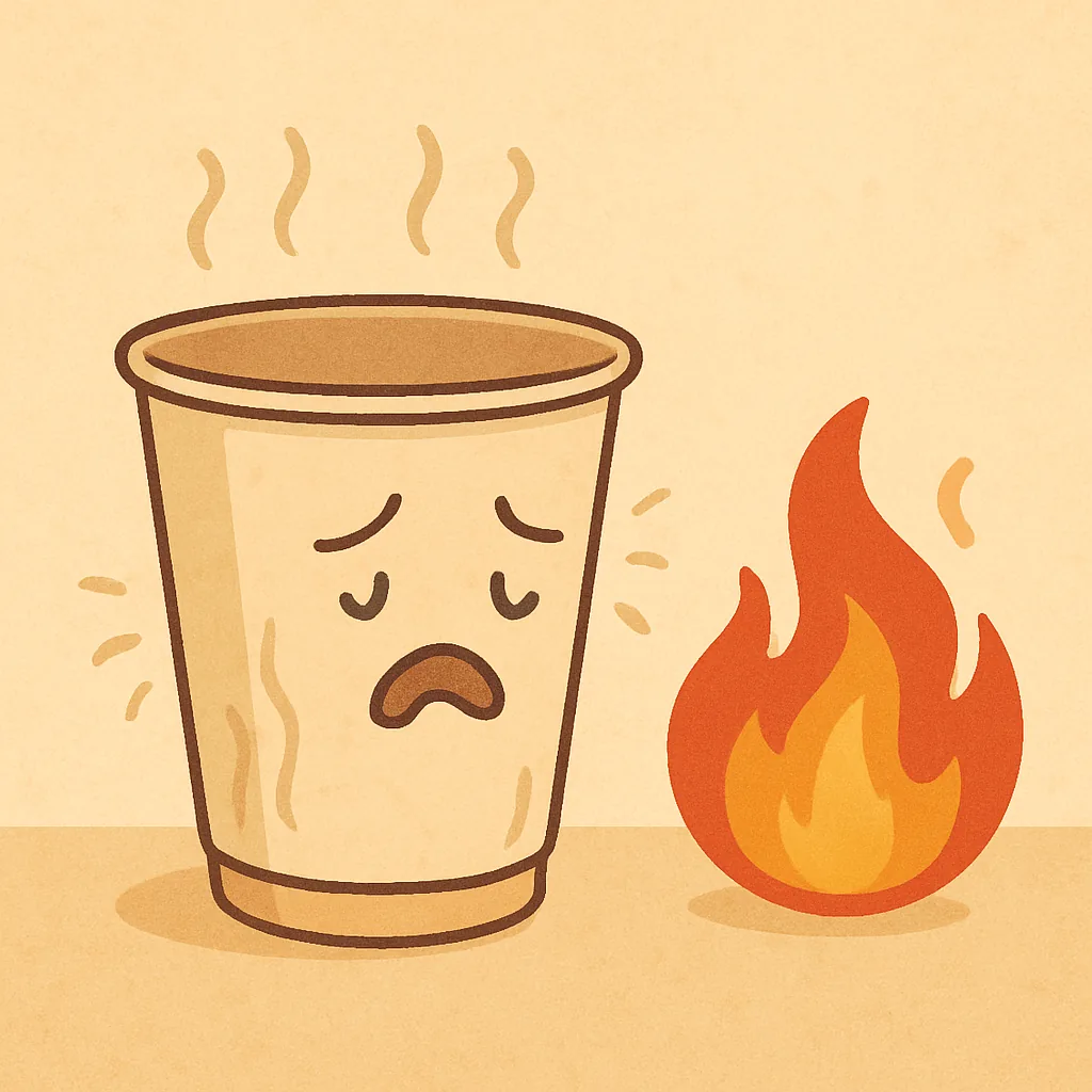 종이컵이-열에-약한-이유를-시각적으로-표현한-일러스트-불꽃의-열기로-변형되고-있는-슬픈-표정의-종이컵-과학적-원리를-암시하는-구성