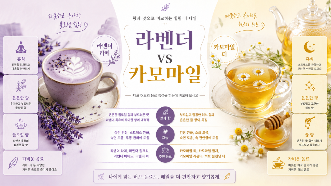 라벤더 음료와 카모마일 티의 향과 특징을 비교한 인포그래픽 이미지