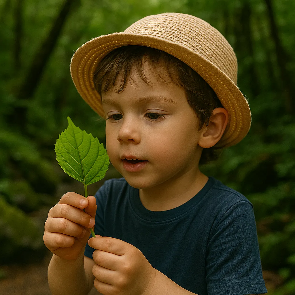 곶자왈 숲속에서 모자 쓴 아이가 나뭇잎을 관찰하는 모습