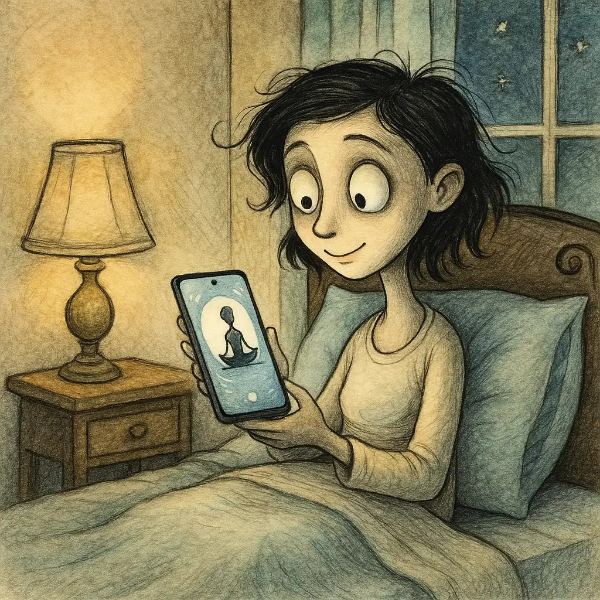 편안한 침실에서 갤럭시 S25의 수면 관리 기능을 확인하거나 명상 앱을 실행하는 사용자, 스마트폰 웰빙 활용 모습