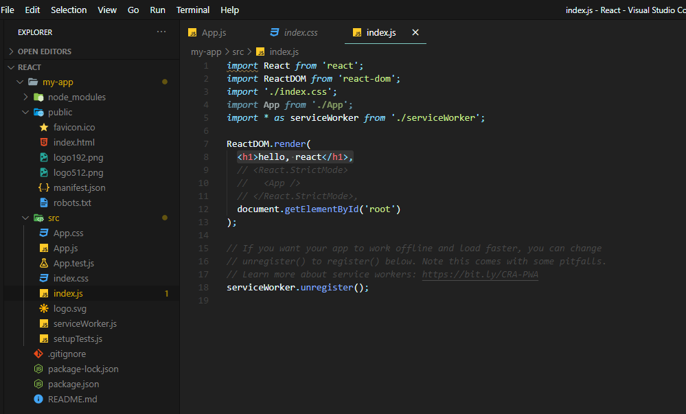 VS Code 리액트 Hello World 출력24
