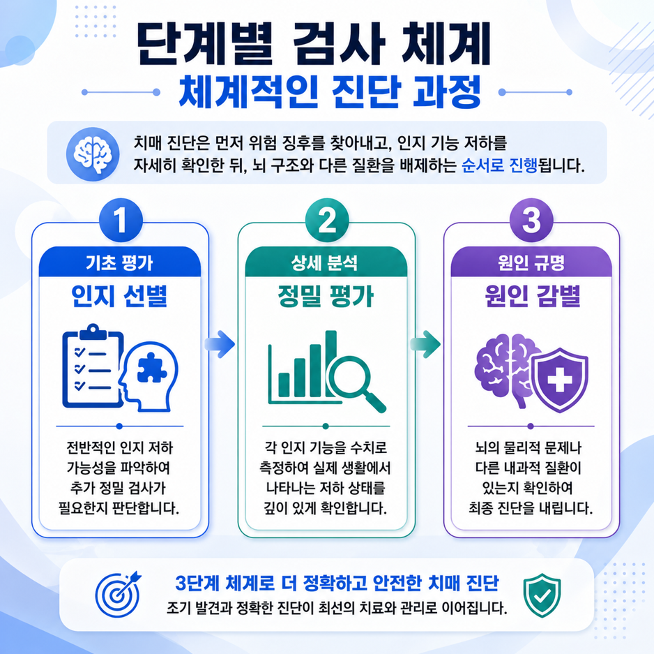 단계별 검사 체계와 진단 과정 흐름을 설명하는 인포그래픽