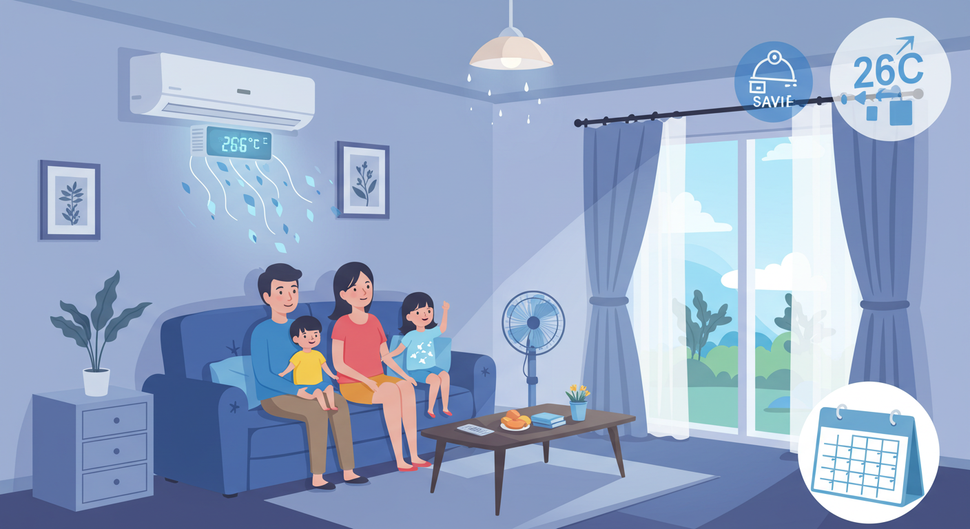 여름철 에어컨 전기세 절약을 위한 실내 냉방 전략 일러스트