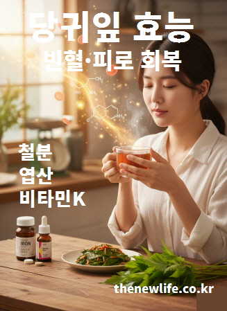 당귀잎을 이용한 차와 음식이 놓인 식탁에서 피로 회복과 빈혈 개선을 상징적으로 표현한 이미지