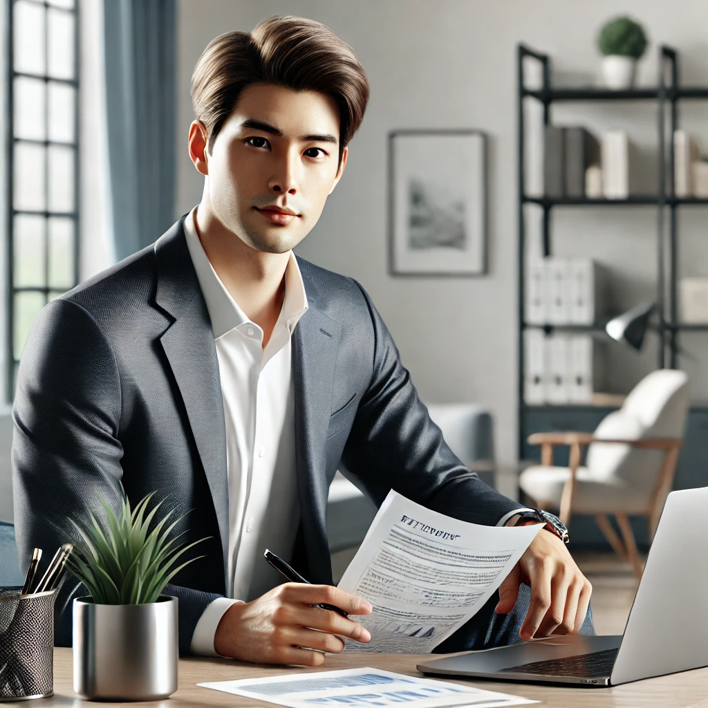 남성이 깔끔한 홈 오피스 책상에서 노트북과 문서를 보며 재무 계획을 준비하는 모습