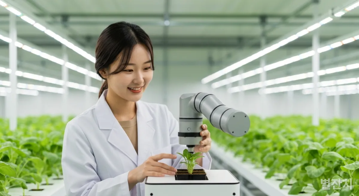 실내 수직 농장에서 농업용 피지컬 AI 로봇을 배우는 한국인 여성