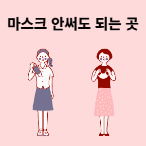 마스크를 벗고 손에 들고있는 여자 2명의 그림과 마스크를 안써도 되는 곳이라고 적혀있는 이미지