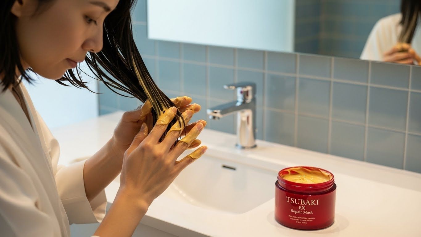 깨끗하고 미니멀한 욕실 환경에서 중간 길이와 끝 부분에 초점을 맞춘 풍부하고 크리미한 헤어 마스크