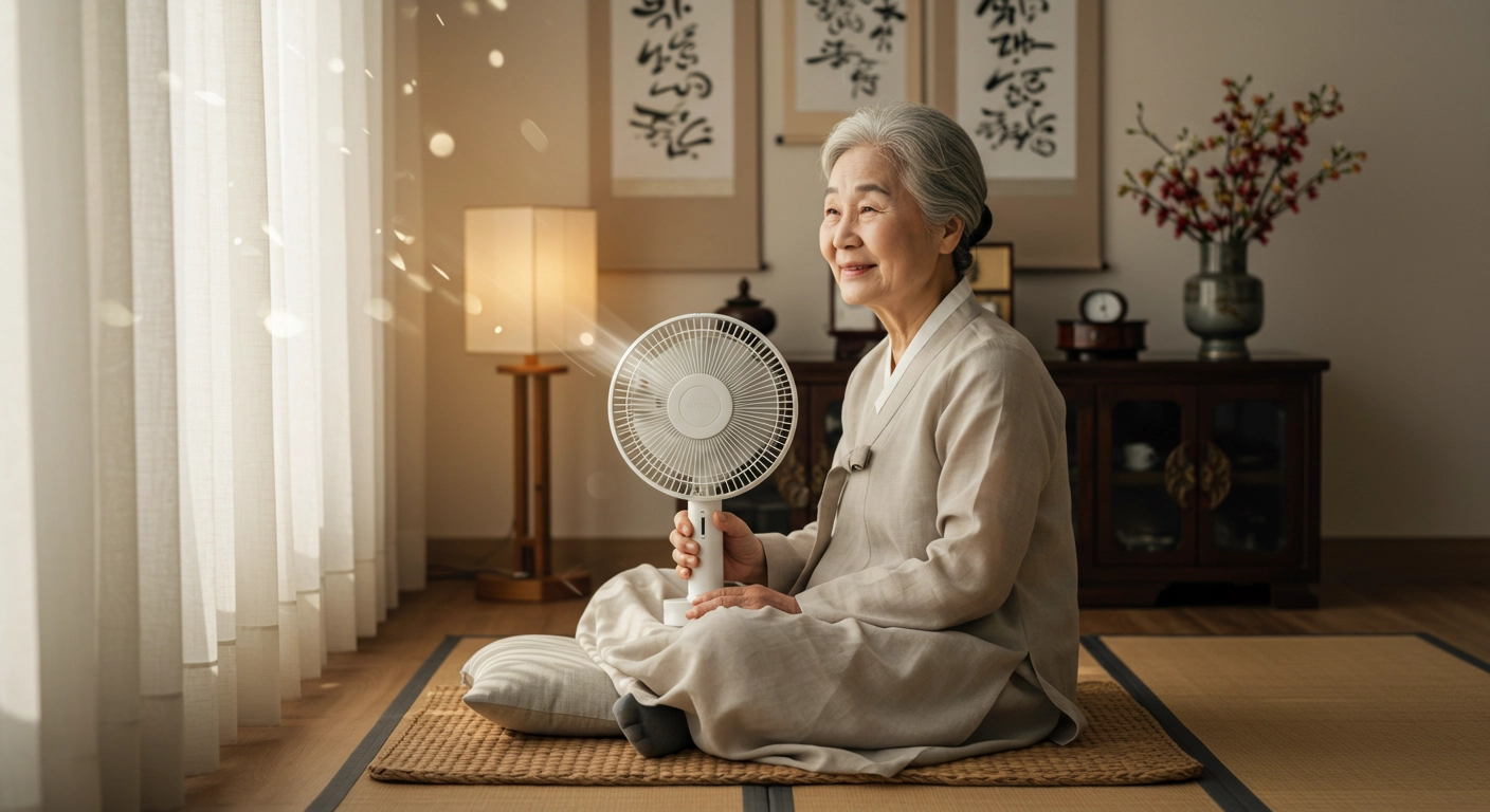실내에서 더위를 식히는 시니어 여성