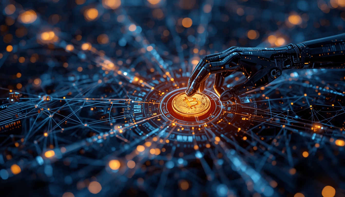 A futuristic visualization of AI software agents executing micro-transactions on a glowing blockchain network.