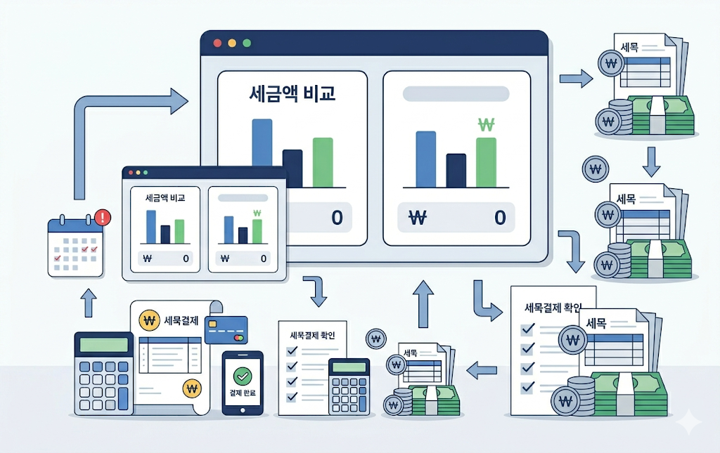 개인지방소득세 납부 방법과 세액 확인 절차를 보여주는 이미지