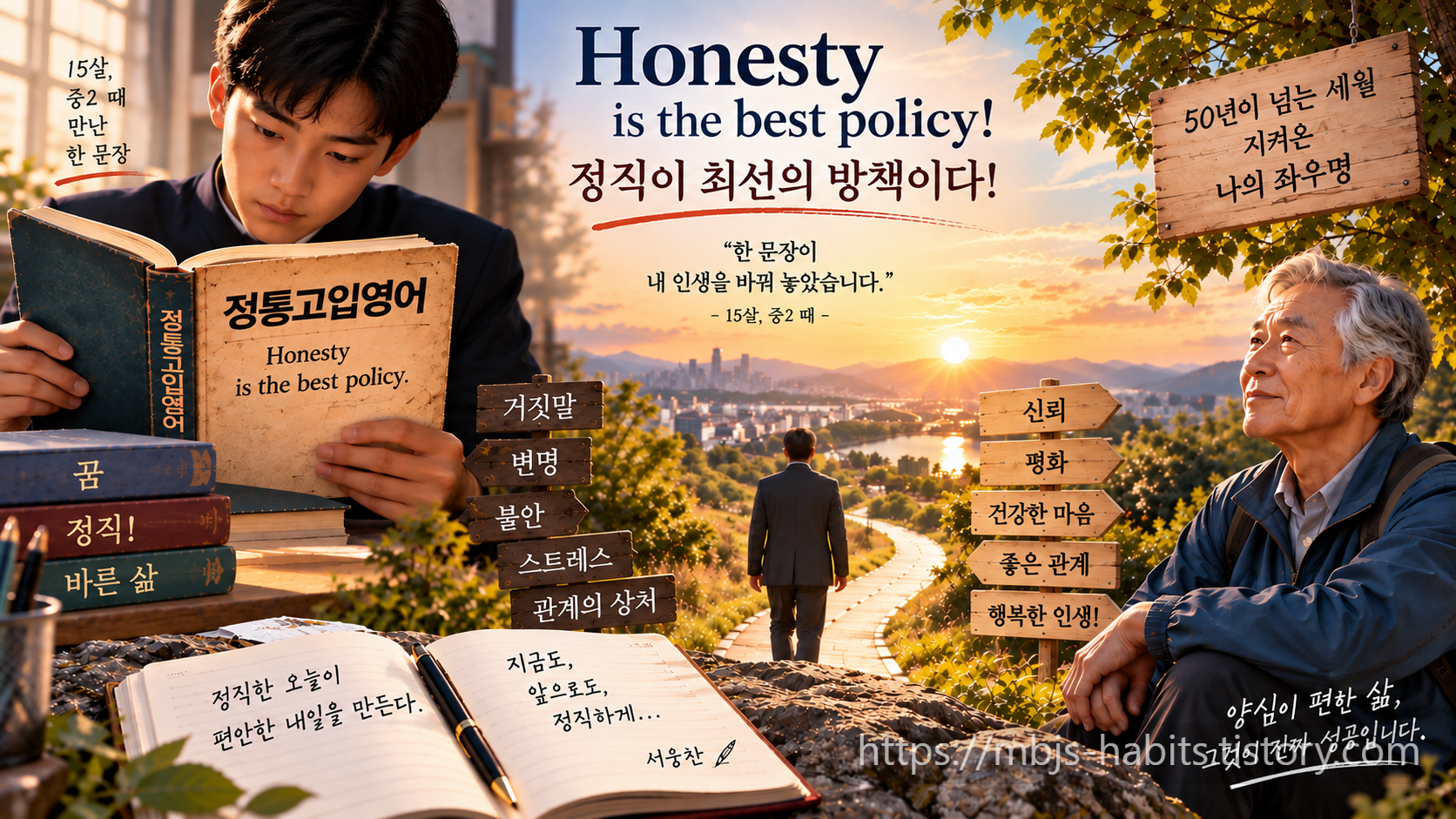 15살 중학생 때 《정통고입영어》에서 만난 &lsquo;Honesty is the best policy&rsquo;를 50년 넘게 인생의 좌우명으로 삼아 살아온 정직의 여정을 표현한 이미지