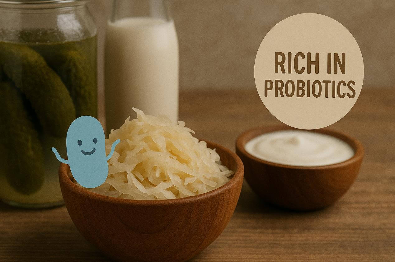 사워크라우트, 요거트, 피클 등 프로바이오틱 풍부한 발효식품.