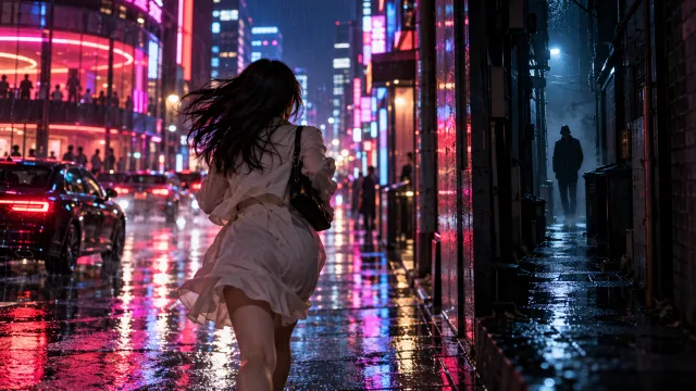 비 내리는 강남의 네온 거리에서 한 여성이 달리고, 어두운 골목에는 추격자의 실루엣이 서 있는 범죄 드라마 분위기의 일러스트