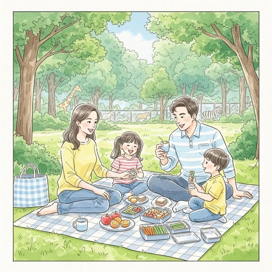 청주동물원에서 가족이 피크닉을 즐기며 휴식하는 모습.