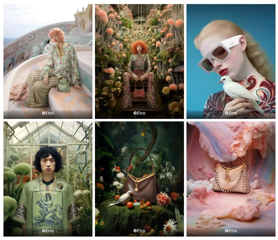 럭셔리 브랜드 에트로의 디지털 크리에이티브와 AI가 협업한 ‘2024 봄·여름 캠페인’. 에트로의 제품 외에 사진 속 모든 인물, 배경은 AI가 생성한 콘텐츠다.